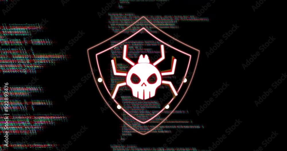 Poster animating cybersecurity threat with skull and spider shield icon over programming code