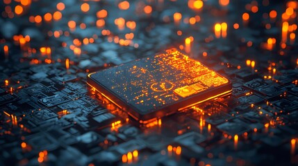 Close-up of a glowing circuit board with a central processor