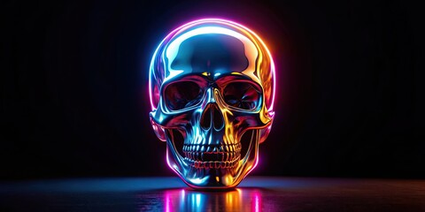 Neon reflection chrome skull on black background, neon, reflection, chrome, skull, Halloween, eerie, glowing, metallic, shiny