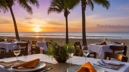 Fototapeta premium Table setting at tropical beach restaurant. Led light candles and wooden tables, chairs under beautiful sunset sky, sea view.