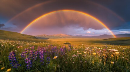 Double Rainbow Over Mountain Meadow at Sunset.