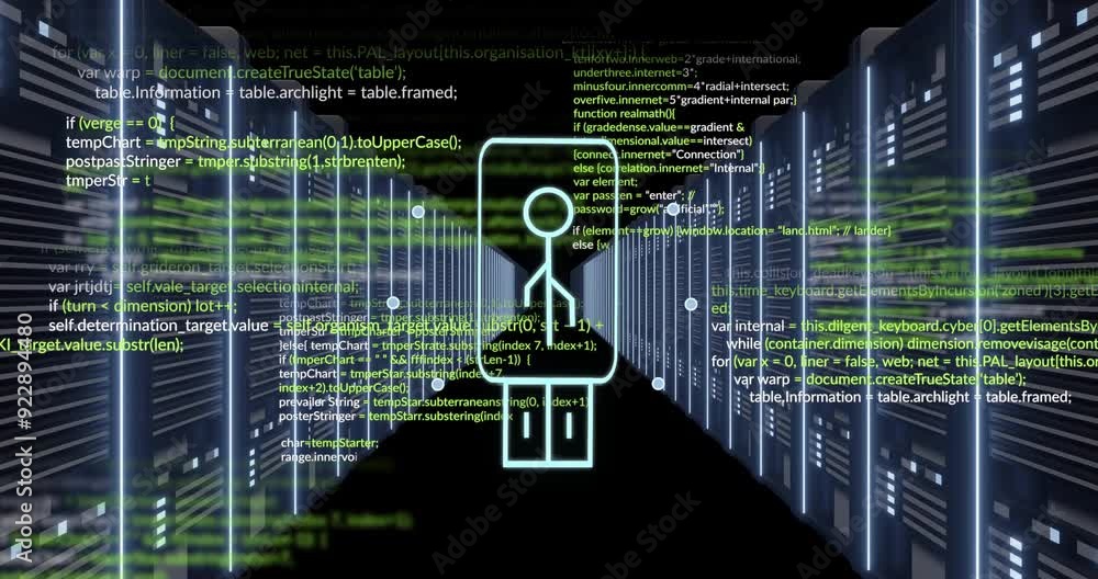 Poster animating programming code over server racks in data center
