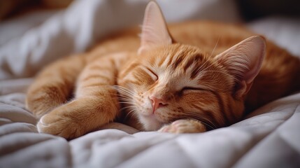 Cute Young Orange Domestic Cat Sleeping Sweetly On A Comfortable Mattress