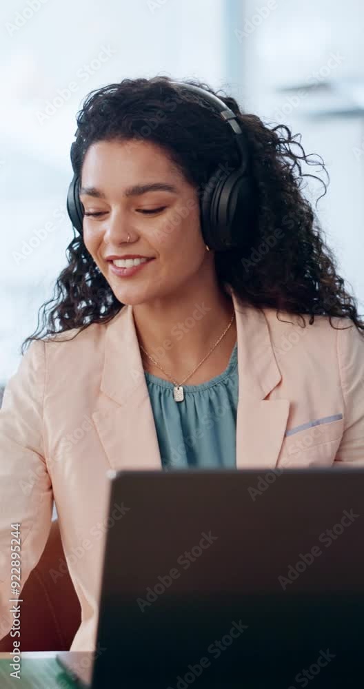 Sticker Video call, woman and laptop with box for discussion, networking or stock review in office. Person, computer pc and headphones or conversation with technology for online order, ecommerce or service