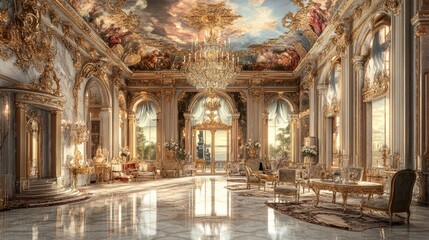 Obraz premium Grand Palace Interior with Ornate Gold Decor and Marble Floors.