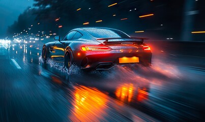 A modern car hydroplanes on a night highway, captured from a low angle