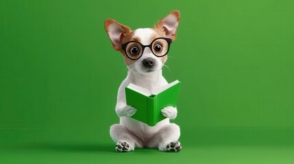 A cute dog wearing glasses, reading a green book, showcasing intelligence and charm against a vibrant green background.