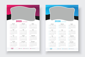 2025, 2026 years calendar, One page wall calendar template design. Minimalist style calendar. Modern 12 months one page calendar.