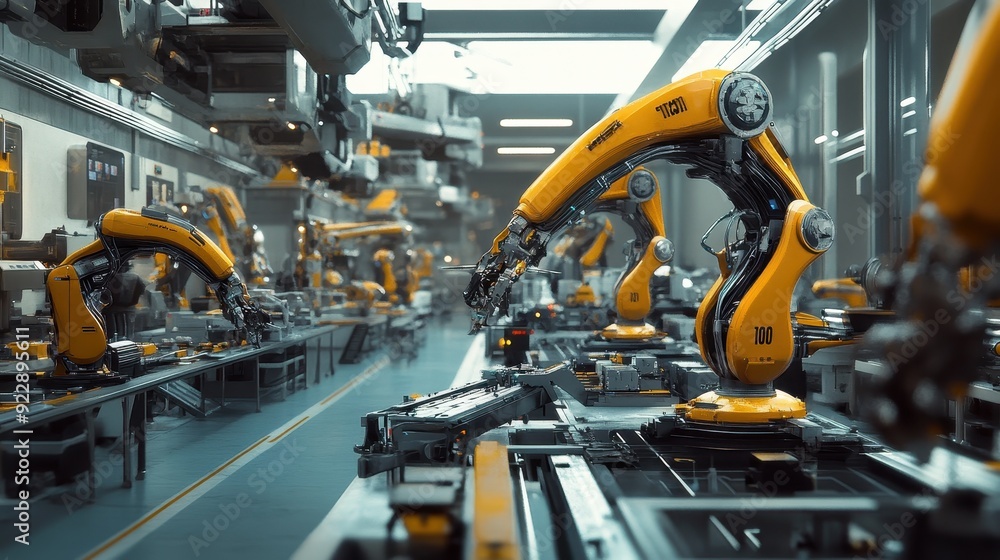 Aufkleber automated assembly line with yellow industrial robots in modern factory.