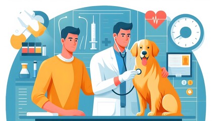 veterinarian is examining a golden retriever dog in flat style illustration