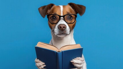 A smart-looking dog wearing glasses reads a book, embodying curiosity and intelligence against a bright blue background.