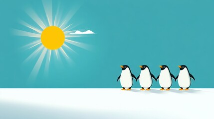 Naklejka premium Playful Cartoon Penguins Sliding on Ice - Flat Design Illustration with Copy Space for Text