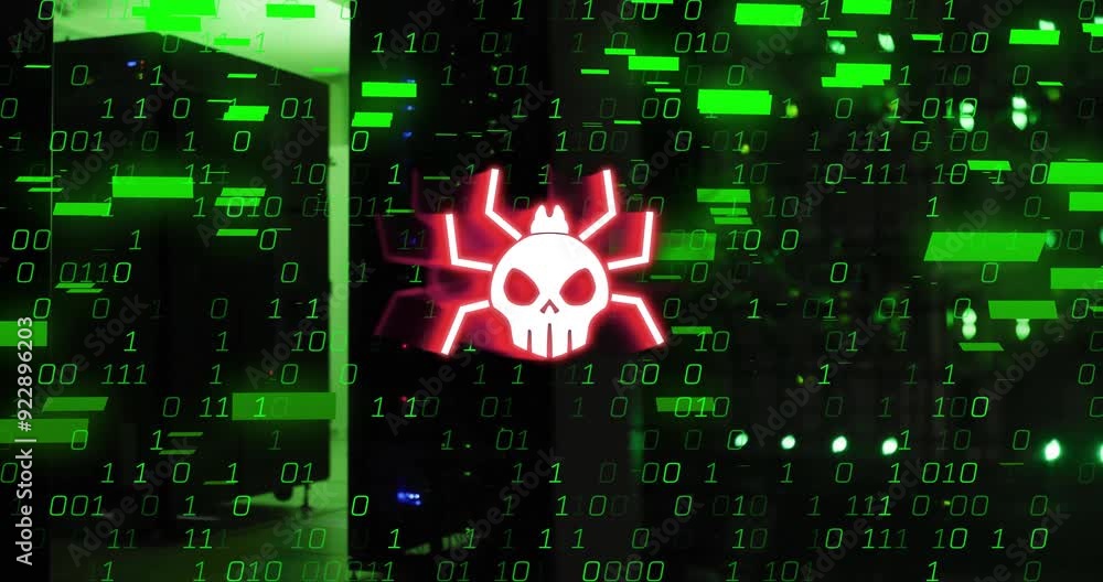 Poster skull and bug icon with binary code, cybersecurity threat animation over server room
