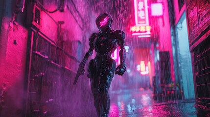 Futuristic Cyborg Walking Through Neon-Lit Rainy Alleyway.