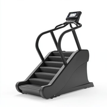 Modern black stair climber exercise machine isolated on white background.