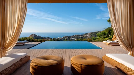 Obraz premium An outdoor spa cabana with flowing curtains, comfortable seating, and a view of the ocean or mountains.