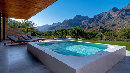 An outdoor spa retreat with luxurious amenities, such as a hot tub and lounge chairs, set against a breathtaking natural backdrop.