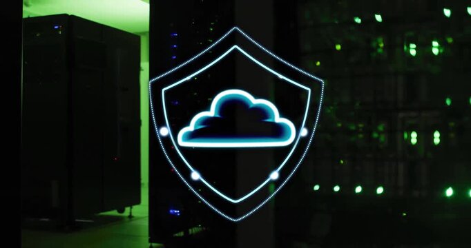 Cloud security shield animation over server room with green lights