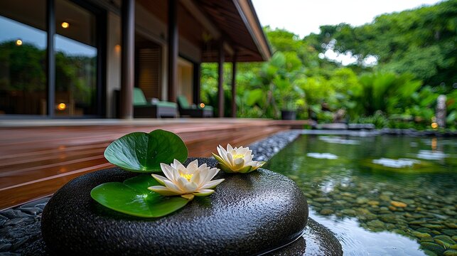 An outdoor spa with a focus on mindfulness, featuring guided meditation sessions and natural surroundings.