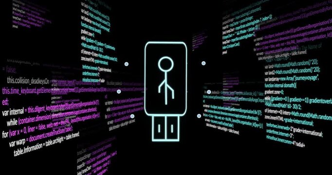 USB stick with keyhole icon showing programming code animation