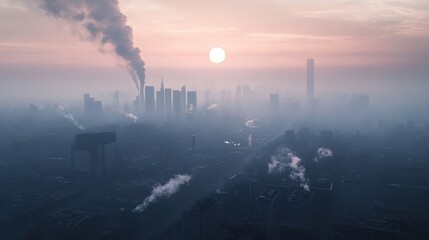 Smoky Cityscape at Dawn - Pollution and Urban Development.