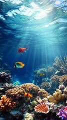 Obraz premium Undersea Celebration: Joyful Fish Gliding Through Ocean Depths in Honor of World Oceans Day.