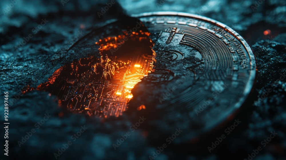 Poster bitcoin cryptocurrency coin breaking through dark surface with glowing circuitry.