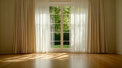 Fototapeta premium Empty Room With Cream Wallpaper, Sunlight Streaming Through Sheer Curtains