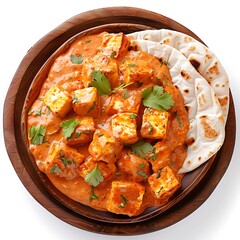 Plate of tasty Shahi Paneer with on white background.