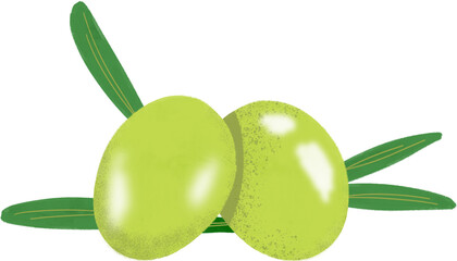Hand-Drawn Fresh Green Olives with Leaves