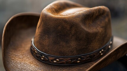 A well-worn brown cowboy hat with a decorative band is placed on a rustic wooden surface, illuminated by soft natural light.