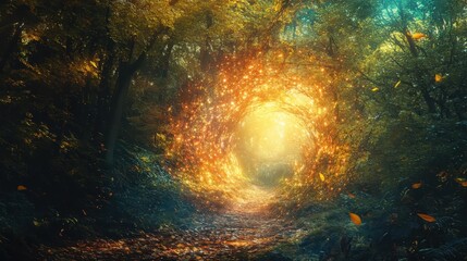 Magical Forest Path with Glowing Light and Falling Leaves.