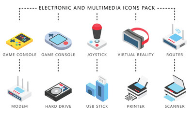 Electronic and multimedia isometric 3d icons set, contain game console, joy stick, router, printer and more. vector EPS 10. use for UI, UX technology, home appliances theme, app and web development.