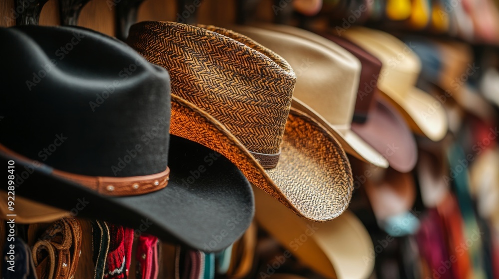 Poster a collection of cowboy hats in different styles and colors is arranged neatly on a display in a west
