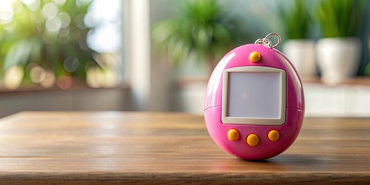 Tamagotchi digital pet device sitting on a table , technology, electronic, virtual pet, retro, nostalgia, handheld, game, cute