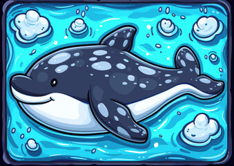 Playful Cartoon Orca Whale Swimming with Water Bubbles on a Bright Blue Background, Cute Marine Life Illustration