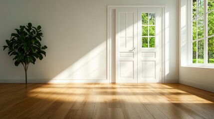 Obraz premium Empty Room With White Walls And Wood Flooring, Sunlight Creating Soft Patterns