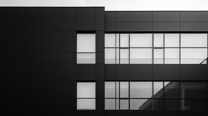 A close-up view of a modern building's facade, showcasing a sleek design with black panels and large windows.