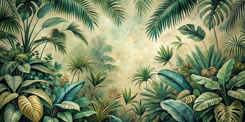 Obraz premium Vintage drawing of a wallpaper jungle with tropical forest leaves , vintage, drawing, wallpaper, jungle, tropical, forest, leaves