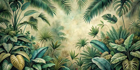 Handdoek met foto Jungle Vintage drawing of a wallpaper jungle with tropical forest leaves , vintage, drawing, wallpaper, jungle, tropical, forest, leaves  © lapeepon