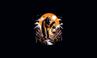 orangutan holding lantern on mountain vector artwork design