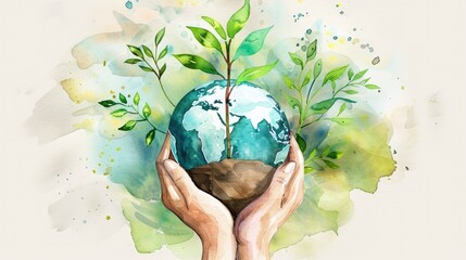 Watercolor illustration of hands holding earth with sprouting plants, symbolizing environmental protection and sustainability.