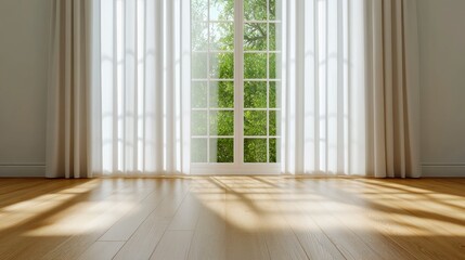 Fototapeta premium Empty Room With White Walls, Sunlight Filtering Through Sheer Curtains