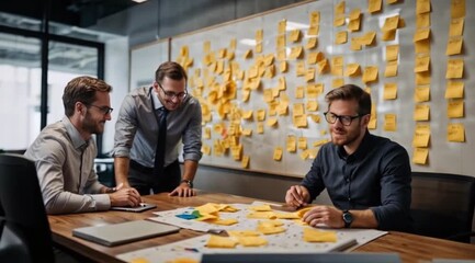 A group of five professionals engaged in a discussion around a whiteboard covered with colorful sticky notes. Agile Team Collaboration in a Sprint Planning Session.