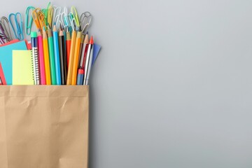 Fototapeta premium Colorful Stationery Supplies in a Brown Paper Bag