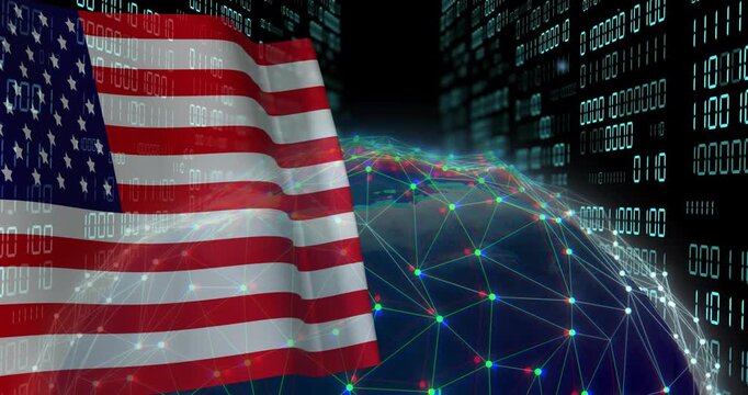 USA flag waving over digital network and binary code animation