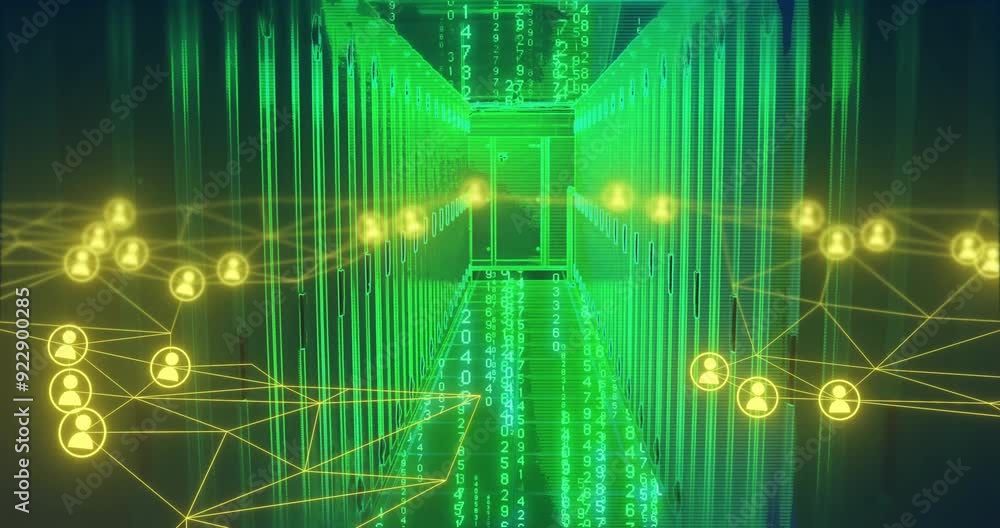 Poster binary code and network connections animation over green-lit data center corridor