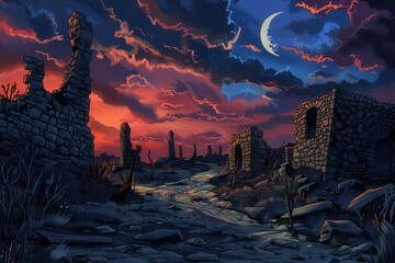 Ruined City Under a Crescent Moon