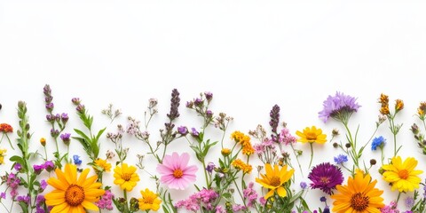 Fototapeta premium A beautifully vibrant wildflower arrangement featuring an array of various colors set against a clean white background, making it ideal for incorporating personalized messages or creative designs