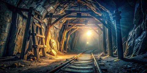 Dark and eerie abandoned mine shaft illuminated by backlight , underground, tunnel, spooky, creepy, industrial, mining